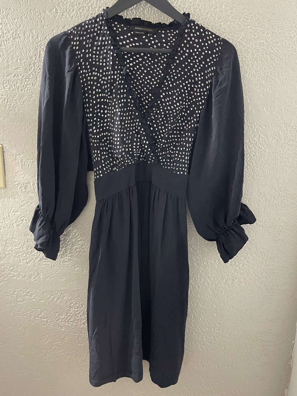 BCBGeneration Black Silk Midi Dress with White Dot Bodice Small